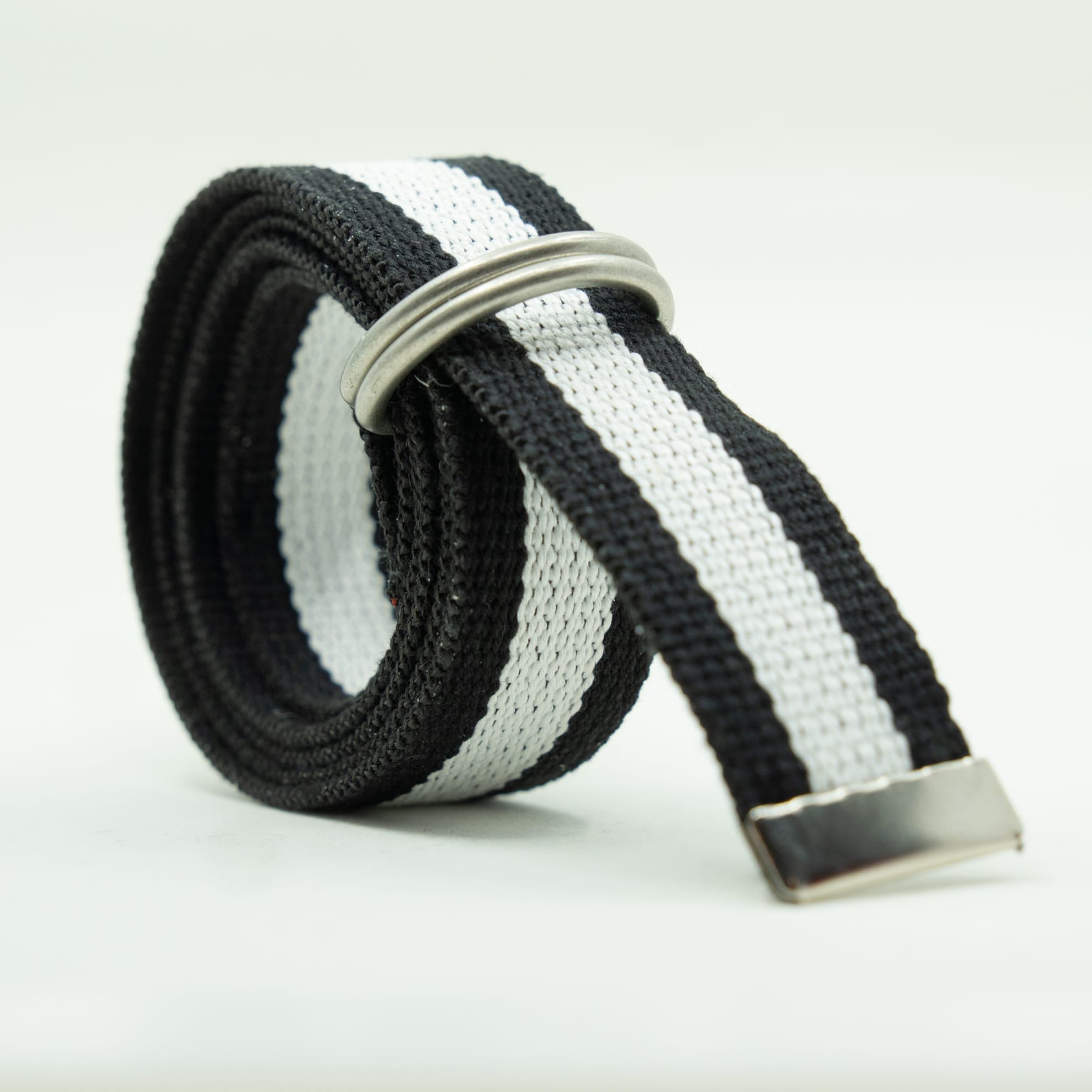 Striped D Ring Webbing Canvas Belt | Black White | Loopi Belts